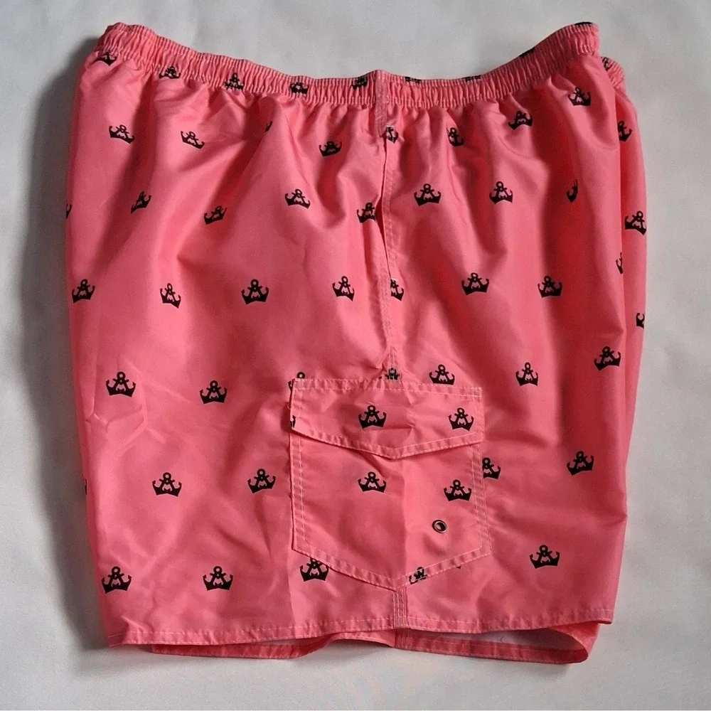 Scotamalone Men's Anchor Print Swim Trunks Pink/Black Mesh Lined Size XXXL